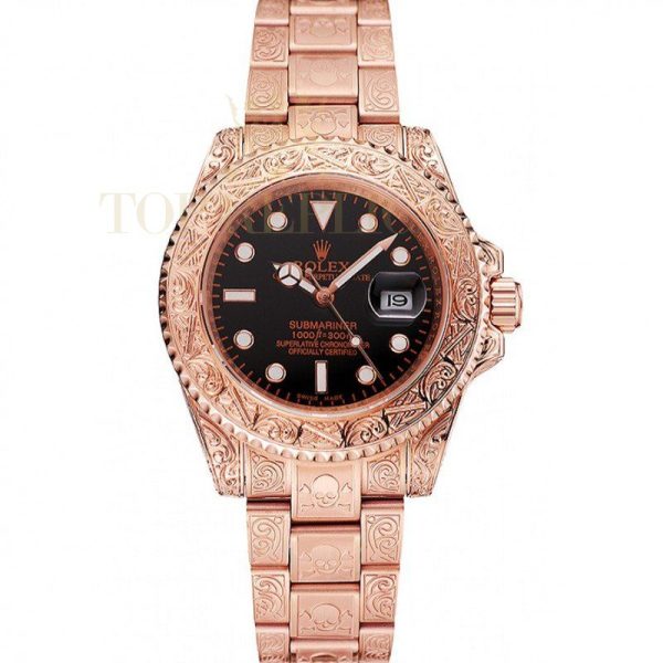 Replica Rolex Submariner Skull Limited Edition Black Dial Rose Gold Case And Bracelet 1454086
