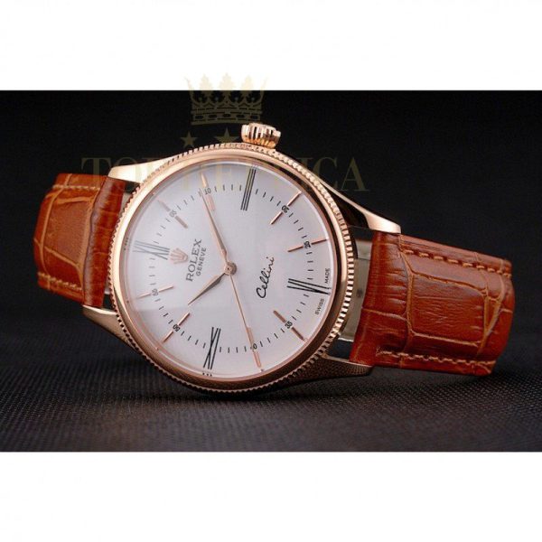 Replica Rolex Cellini White Dial Roman Numerals Rose Gold Case Light Brown Leather Strap