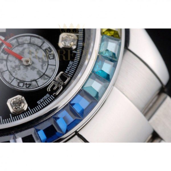 Replica Rolex Daytona Cosmograph Rainbow Crystals Bezel Stainless Steep Strap Black Dial 80250
