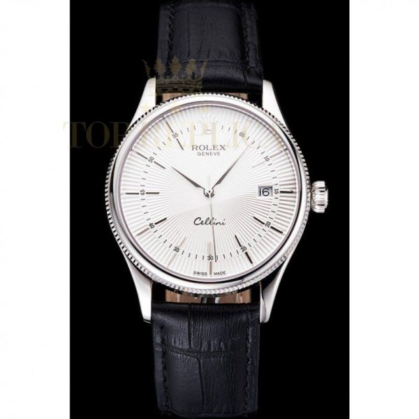 Replica Rolex Cellini Date White Dial Stainless Steel Case Black Leather Strap