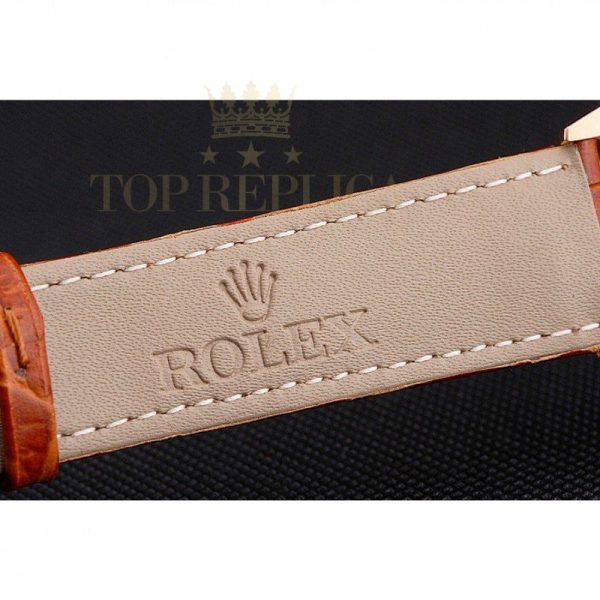 Replica Rolex Cellini White Dial Roman Numerals Rose Gold Case Light Brown Leather Strap