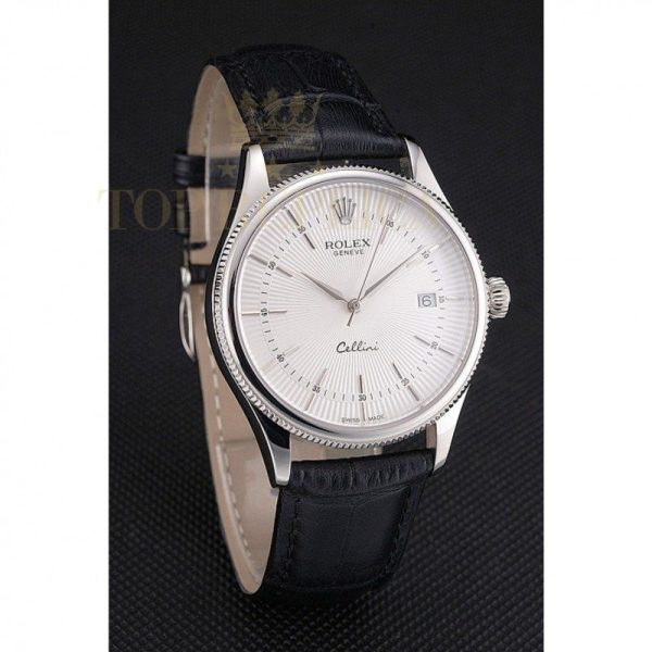 Replica Rolex Cellini Date White Dial Stainless Steel Case Black Leather Strap