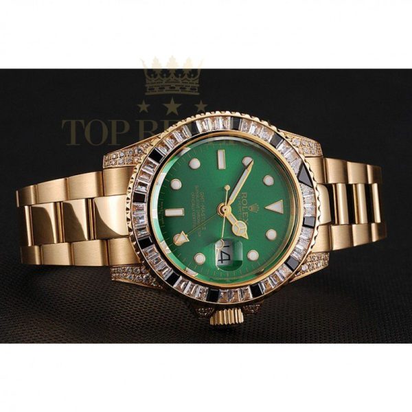 Replica Rolex GMT Master II Green Dial Stone Set Bezel Gold Case And Bracelet 1453748