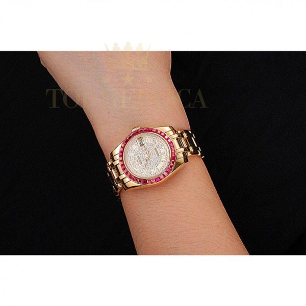 Replica Rolex Datejust Diamond Dial Pink Jewels Bezel Gold Case And Bracelet 622835