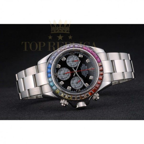 Replica Rolex Daytona Cosmograph Rainbow Crystals Bezel Stainless Steep Strap Black Dial 80250