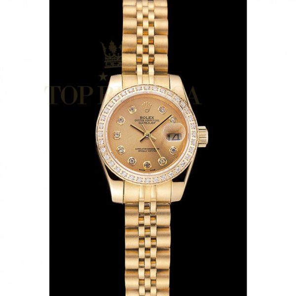 Replica Rolex Lady-Datejust Champagne Dial Diamond Bezel Gold Jubilee Bracelet 1454096