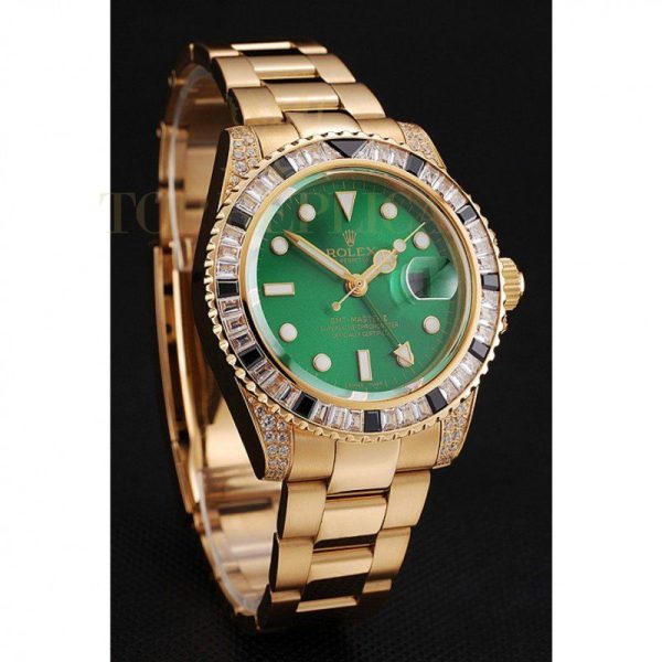 Replica Rolex GMT Master II Green Dial Stone Set Bezel Gold Case And Bracelet 1453748