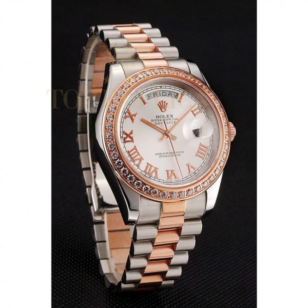 Replica Rolex Day-Date Diamonds Bezel White Dial Rose Gold And Staineless Steel Bracelet 1454108
