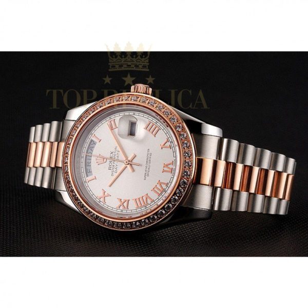 Replica Rolex Day-Date Diamonds Bezel White Dial Rose Gold And Staineless Steel Bracelet 1454108