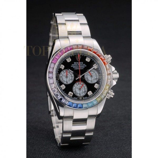 Replica Rolex Daytona Cosmograph Rainbow Crystals Bezel Stainless Steep Strap Black Dial 80250