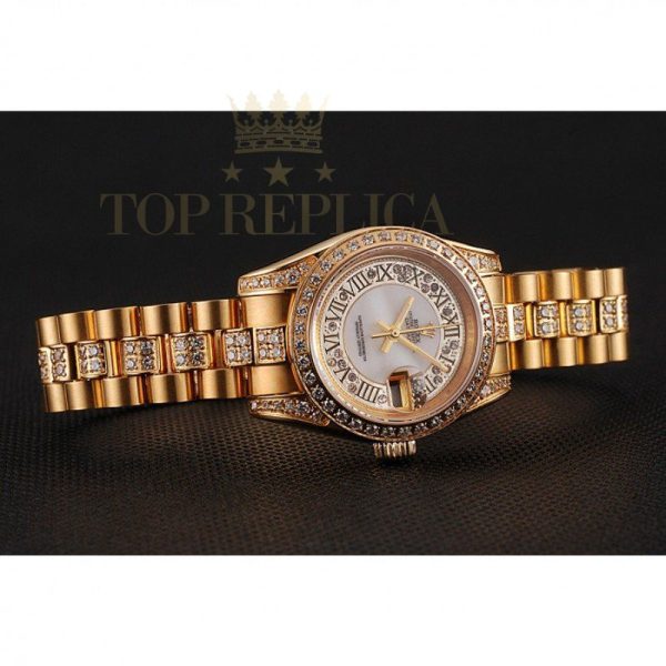 Replica Rolex DayJust Diamond Pave White Dial Gold Diamond Bracelet 1453957