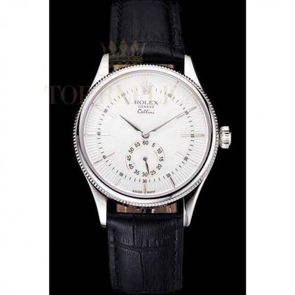 Replica Rolex Cellini White Dial Stainless Steel Case Black Leather Strap