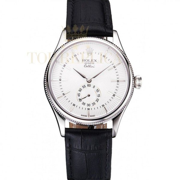 Replica Rolex Cellini White Dial Stainless Steel Case Black Leather Strap