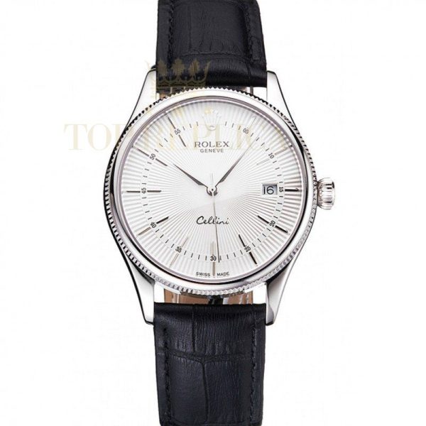 Replica Rolex Cellini Date White Dial Stainless Steel Case Black Leather Strap