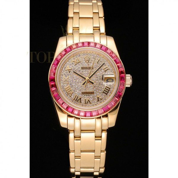 Replica Rolex Datejust Diamond Dial Pink Jewels Bezel Gold Case And Bracelet 622835