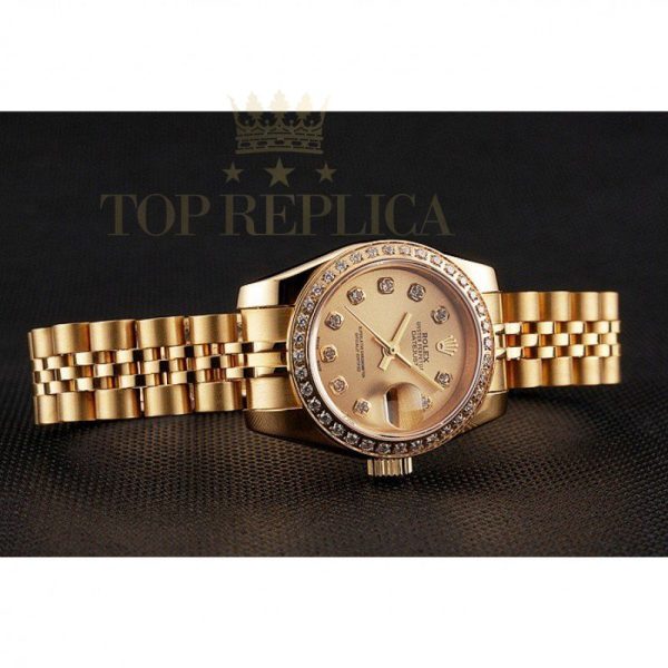 Replica Rolex Lady-Datejust Champagne Dial Diamond Bezel Gold Jubilee Bracelet 1454096