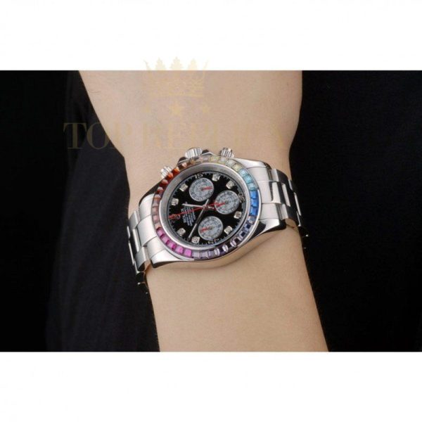Replica Rolex Daytona Cosmograph Rainbow Crystals Bezel Stainless Steep Strap Black Dial 80250