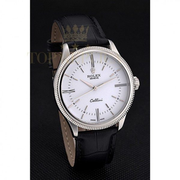 Replica Rolex Cellini Time Silver Case White Dial Black Leather Bracelet 622653
