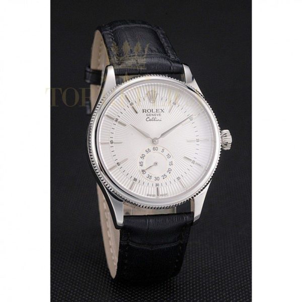 Replica Rolex Cellini White Dial Stainless Steel Case Black Leather Strap