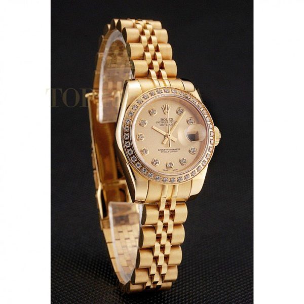 Replica Rolex Lady-Datejust Champagne Dial Diamond Bezel Gold Jubilee Bracelet 1454096