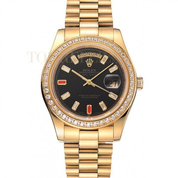 Replica Rolex Day-Date Diamonds And Rubies Black Dial Yellow Gold Bracelet 1454101