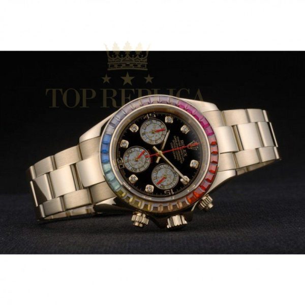 Replica Rolex Daytona Cosmograph Rainbow Crystals Bezel Rose Gold Strap Black Dial 80251