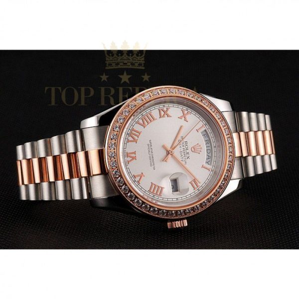 Replica Rolex Day-Date Diamonds Bezel White Dial Rose Gold And Staineless Steel Bracelet 1454108
