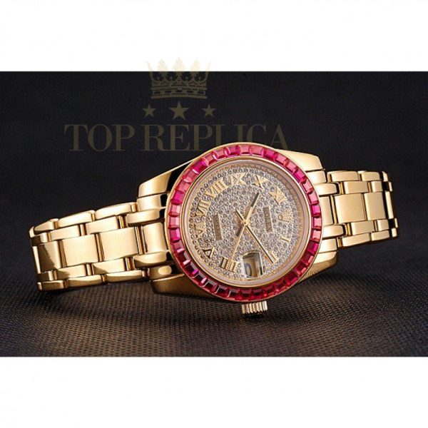Replica Rolex Datejust Diamond Dial Pink Jewels Bezel Gold Case And Bracelet 622835