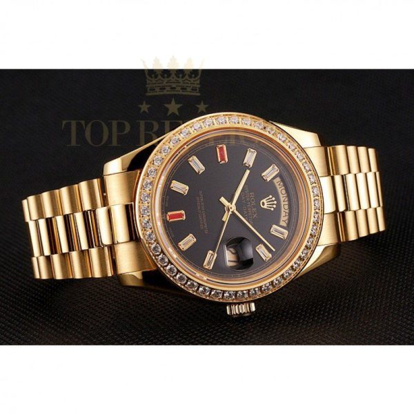 Replica Rolex Day-Date Diamonds And Rubies Black Dial Yellow Gold Bracelet 1454101