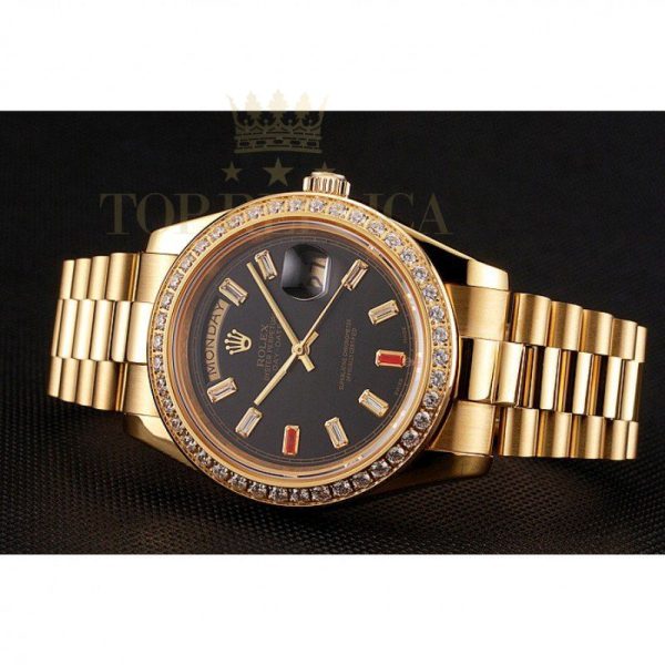 Replica Rolex Day-Date Diamonds And Rubies Black Dial Yellow Gold Bracelet 1454101