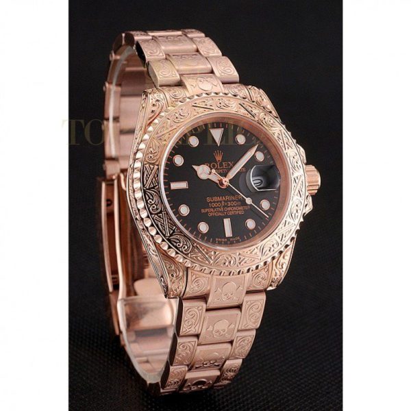 Replica Rolex Submariner Skull Limited Edition Black Dial Rose Gold Case And Bracelet 1454086