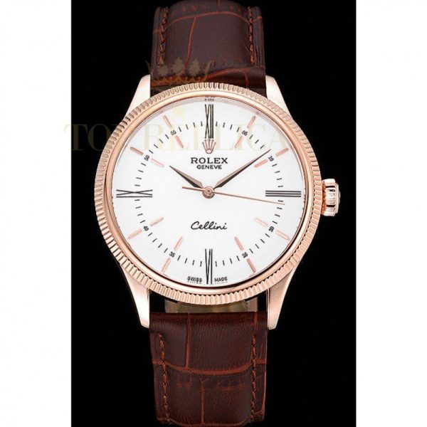 Replica Rolex Cellini Time Gold Case White Dial Brown Leather Bracelet 622655