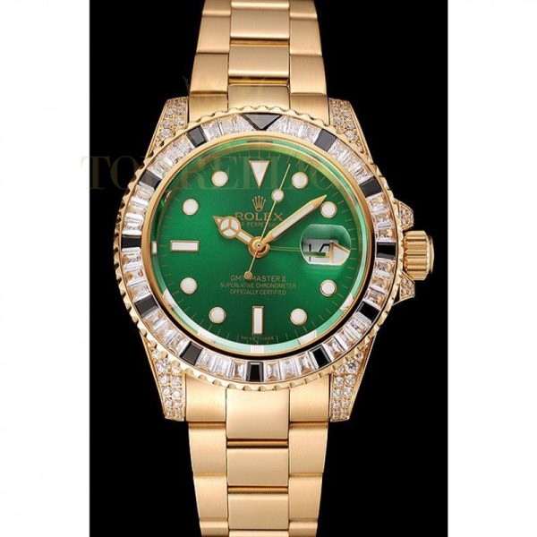 Replica Rolex GMT Master II Green Dial Stone Set Bezel Gold Case And Bracelet 1453748