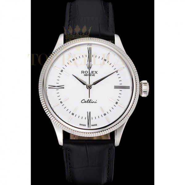 Replica Rolex Cellini Time Silver Case White Dial Black Leather Bracelet 622653
