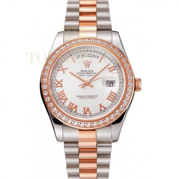 Replica Rolex Day-Date Diamonds Bezel White Dial Rose Gold And Staineless Steel Bracelet 1454108