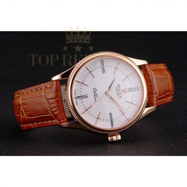 Replica Rolex Cellini White Dial Roman Numerals Rose Gold Case Light Brown Leather Strap