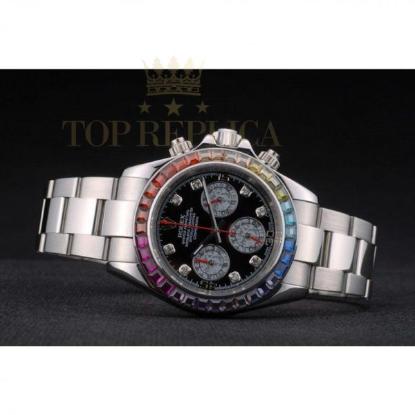 Replica Rolex Daytona Cosmograph Rainbow Crystals Bezel Stainless Steep Strap Black Dial 80250