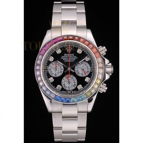 Replica Rolex Daytona Cosmograph Rainbow Crystals Bezel Stainless Steep Strap Black Dial 80250