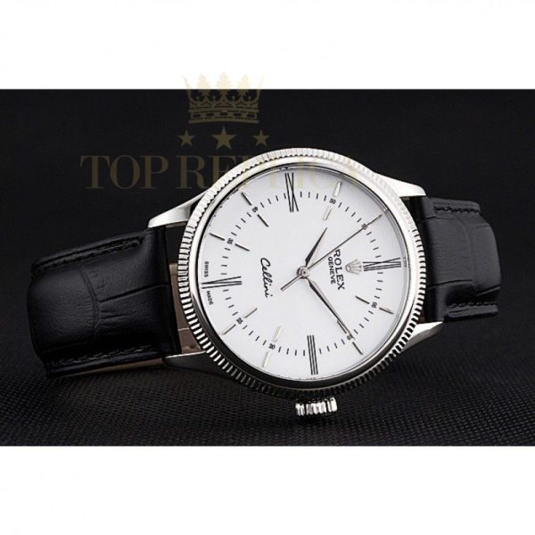 Replica Rolex Cellini Time Silver Case White Dial Black Leather Bracelet 622653