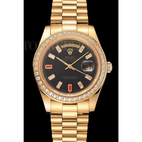 Replica Rolex Day-Date Diamonds And Rubies Black Dial Yellow Gold Bracelet 1454101