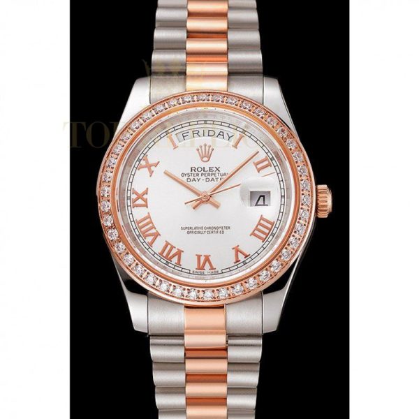 Replica Rolex Day-Date Diamonds Bezel White Dial Rose Gold And Staineless Steel Bracelet 1454108