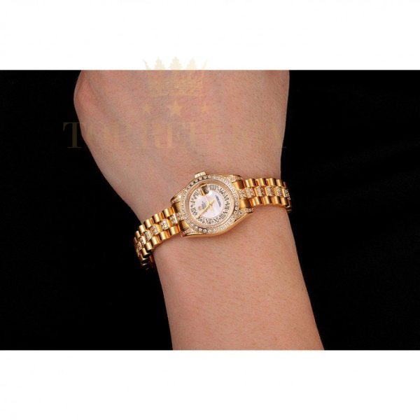 Replica Rolex DayJust Diamond Pave White Dial Gold Diamond Bracelet 1453957