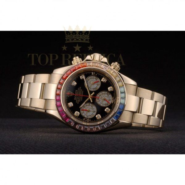 Replica Rolex Daytona Cosmograph Rainbow Crystals Bezel Rose Gold Strap Black Dial 80251