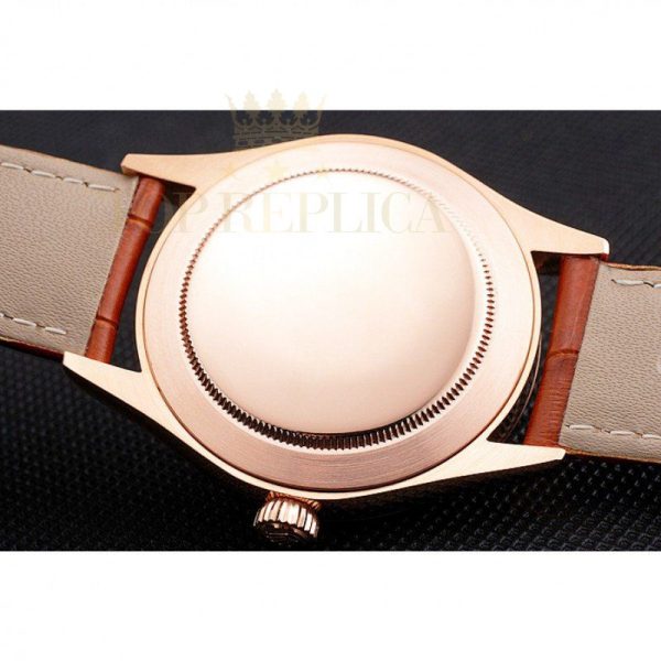 Replica Rolex Cellini White Dial Roman Numerals Rose Gold Case Light Brown Leather Strap