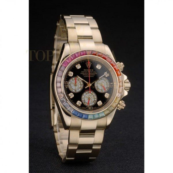 Replica Rolex Daytona Cosmograph Rainbow Crystals Bezel Rose Gold Strap Black Dial 80251
