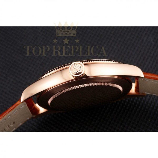 Replica Rolex Cellini White Dial Roman Numerals Rose Gold Case Light Brown Leather Strap