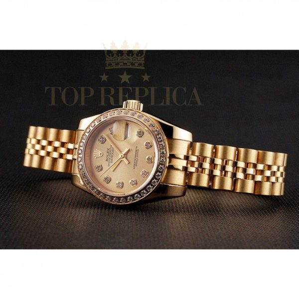 Replica Rolex Lady-Datejust Champagne Dial Diamond Bezel Gold Jubilee Bracelet 1454096