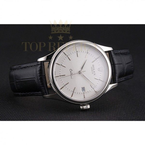Replica Rolex Cellini Date White Dial Stainless Steel Case Black Leather Strap