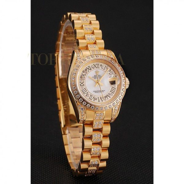 Replica Rolex DayJust Diamond Pave White Dial Gold Diamond Bracelet 1453957