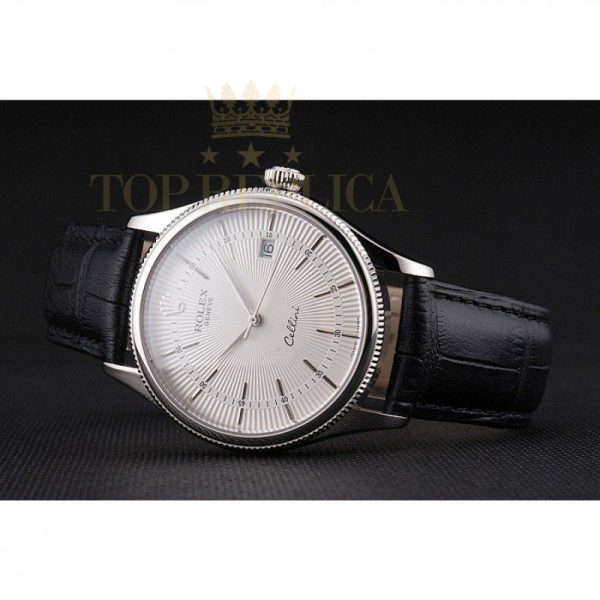 Replica Rolex Cellini Date White Dial Stainless Steel Case Black Leather Strap